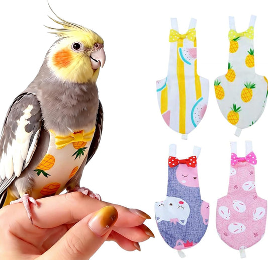 QBLEEV bird diaper flight suite front view showcasing the cute pineapple pattern fabric on a parrot.