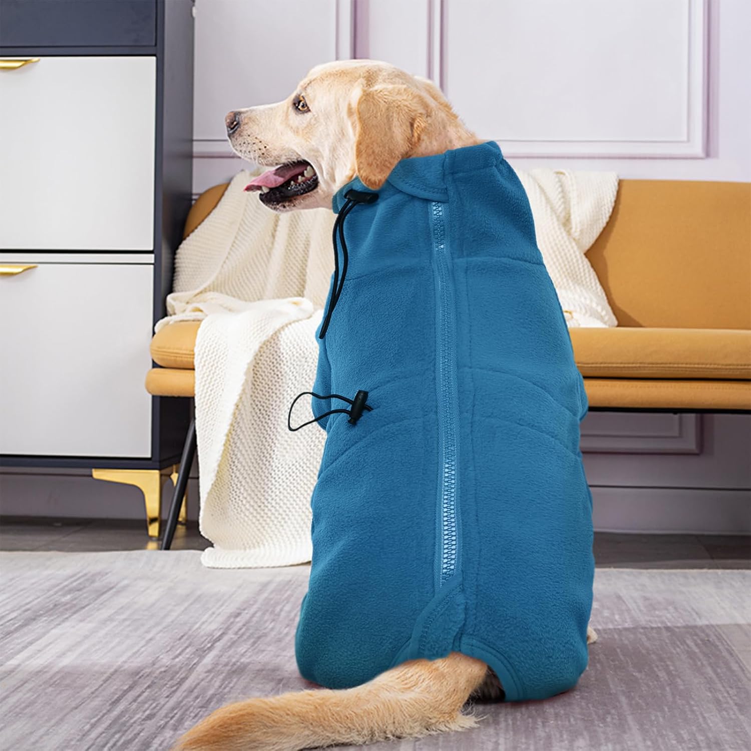 Detailed view of elastic cuffs on the dog winter apparel.