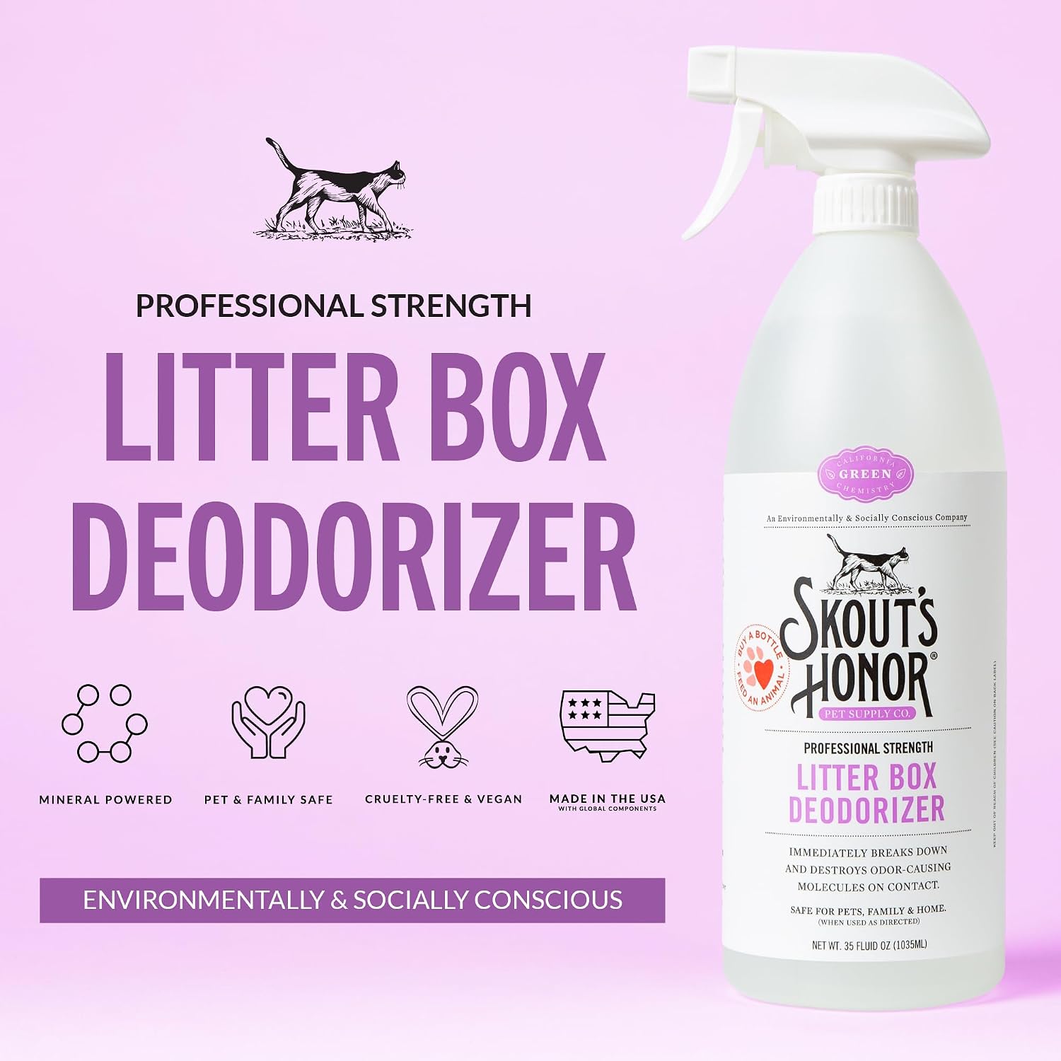 Skout's Honor professional strength cat litter spray bottle showing product details