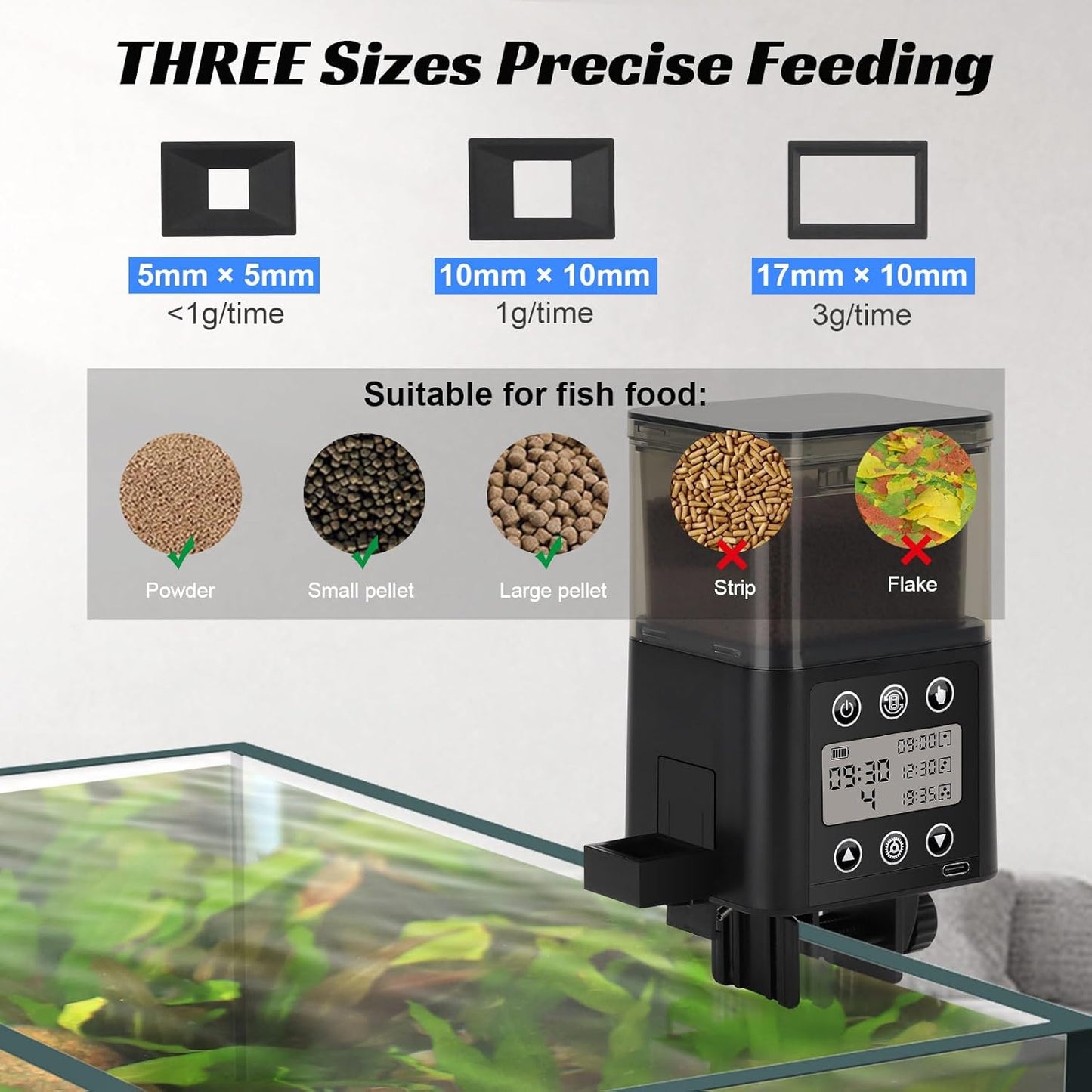 Close up view of fishkeeper programmable control panel adjusting automated food portion sizes