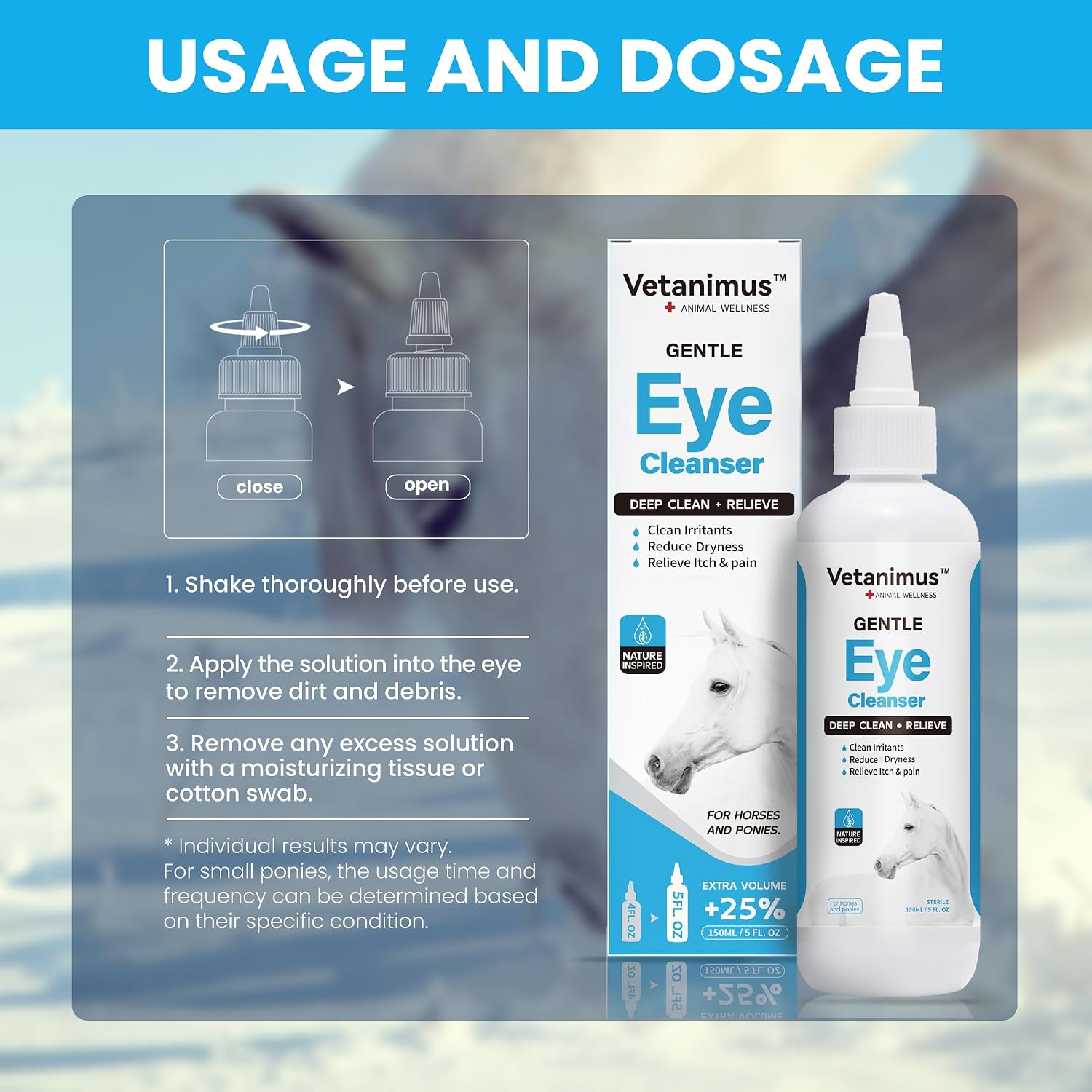 Close up of Vetanimus 5 fluid ounce eye wash label