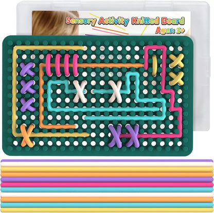 GJV Silicone Fidget Sensory Activity Board front view showing colorful strings woven through the grid holes.