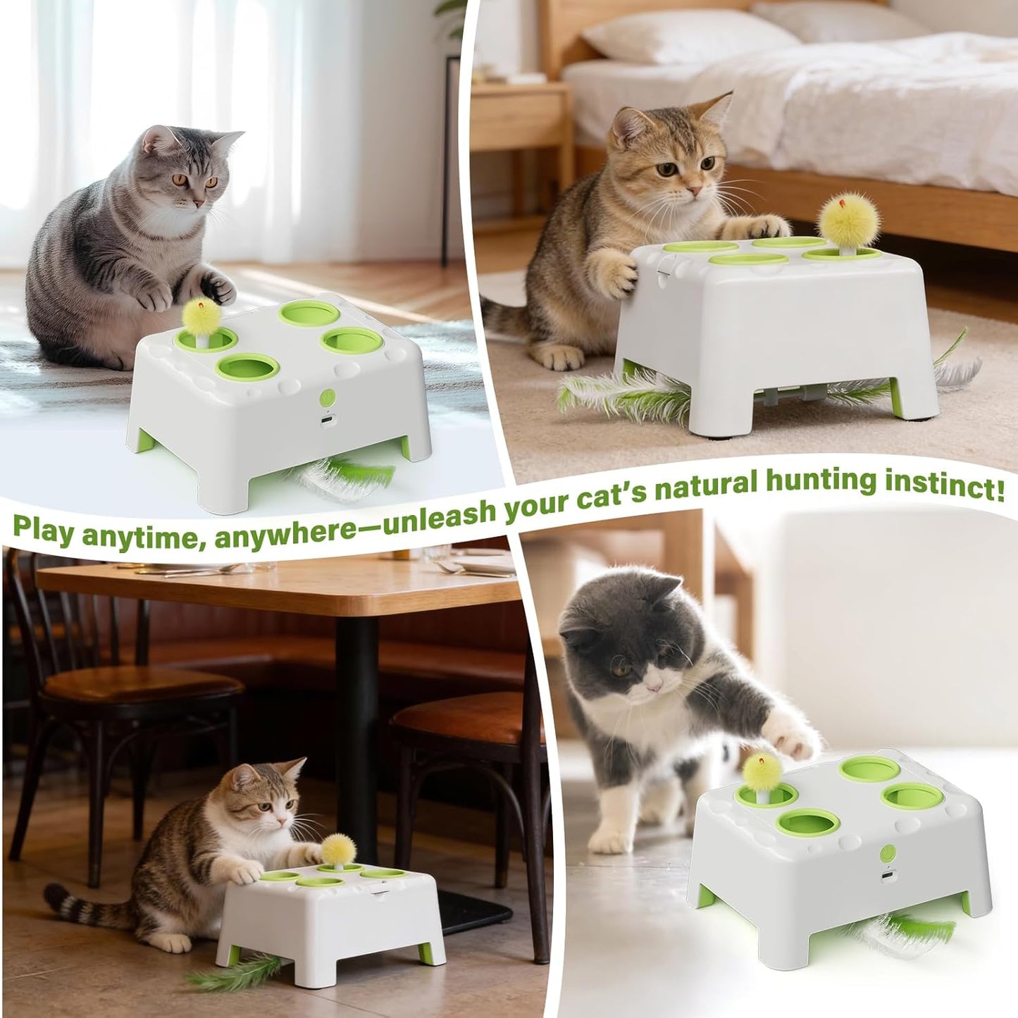 HAPPYCODE electronic cat teaser box illustrating the three distinct operational play modes.