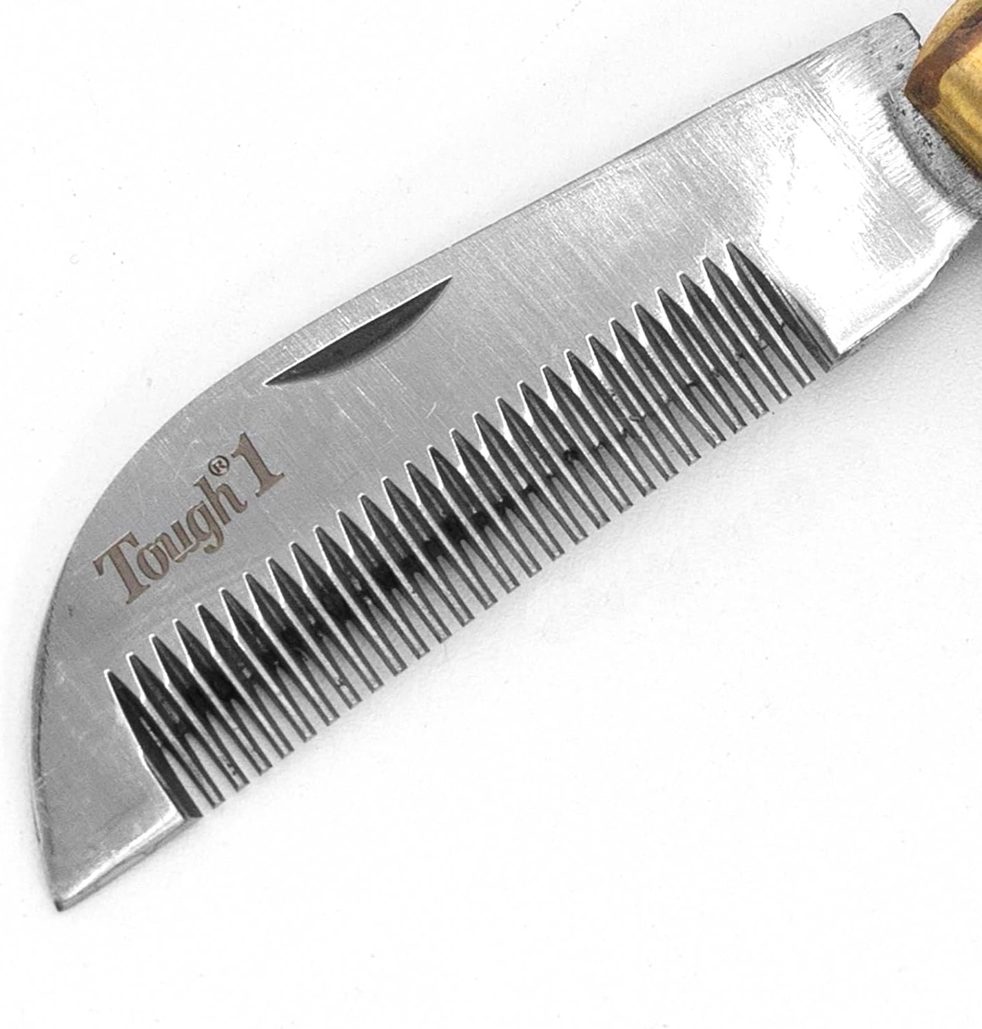 Folded Jeffers pocket horse coat thinning knife showcasing the premium wooden handle and brass bolster.