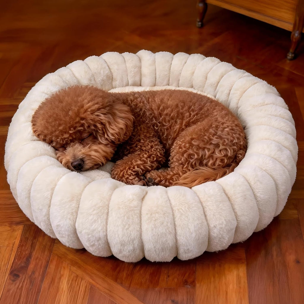 Donut Dog and Cat Bed, Luxurious Comfortable Faux Rabbit Fur Pet Beds, Round Anti-Anxiety Calming Puppy Kitten Bed with Anti-Slip Bottom for Small Medium Dogs & Cats(20", White) - Image 1
