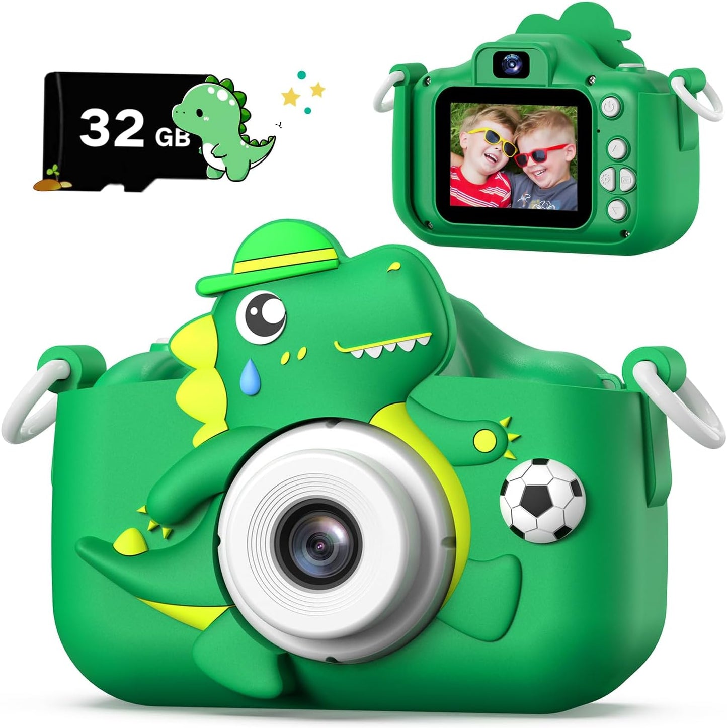 Cimizi dinosaur kids digital selfie camera front view with green T-Rex cover