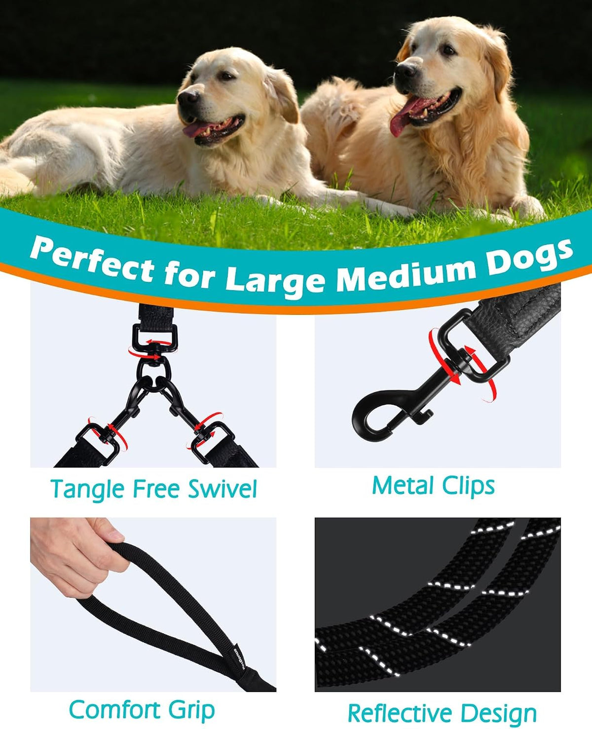 PetBonus dual dog lead close up of comfortable padded traffic handles