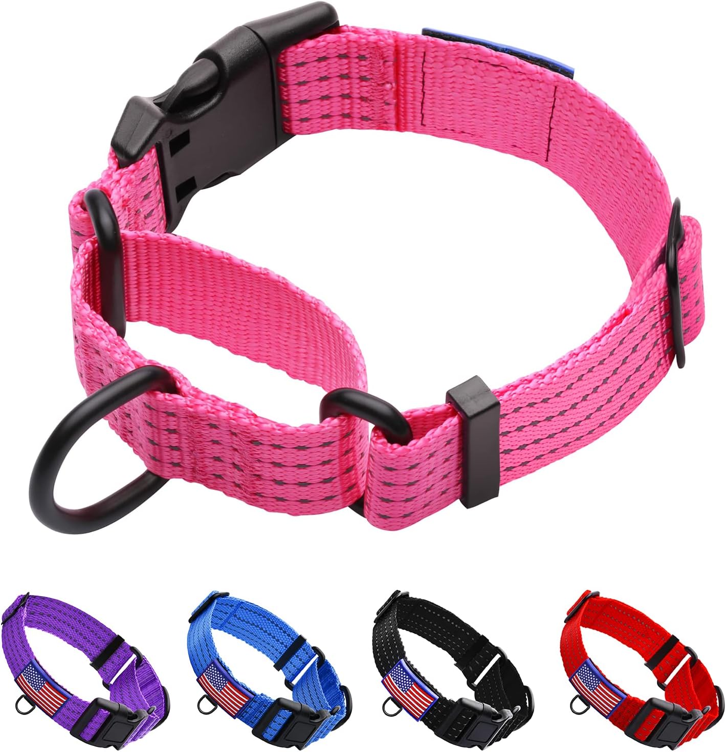 Luckydc premium blue reflective pet collar laid flat to display adjustable sizing straps.