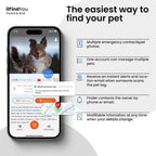 ILFINDYOU digital pet profile dashboard showing contact details and medical history sections.