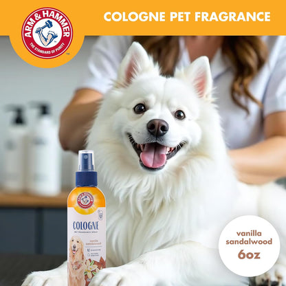 Deodorizing dog perfume bottle featuring baking soda ingredient