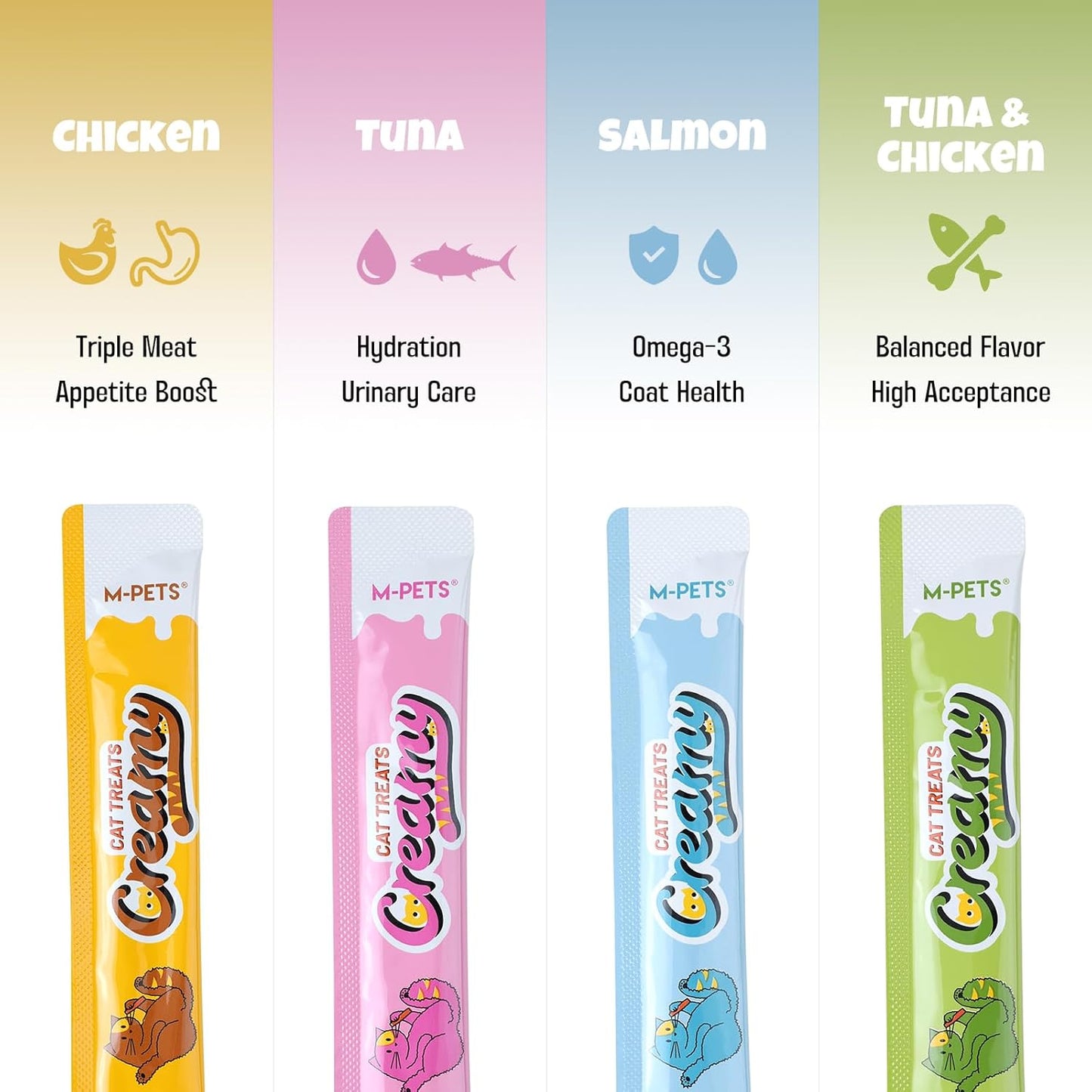 M-Pets cat treat tubes arranged by flavor
