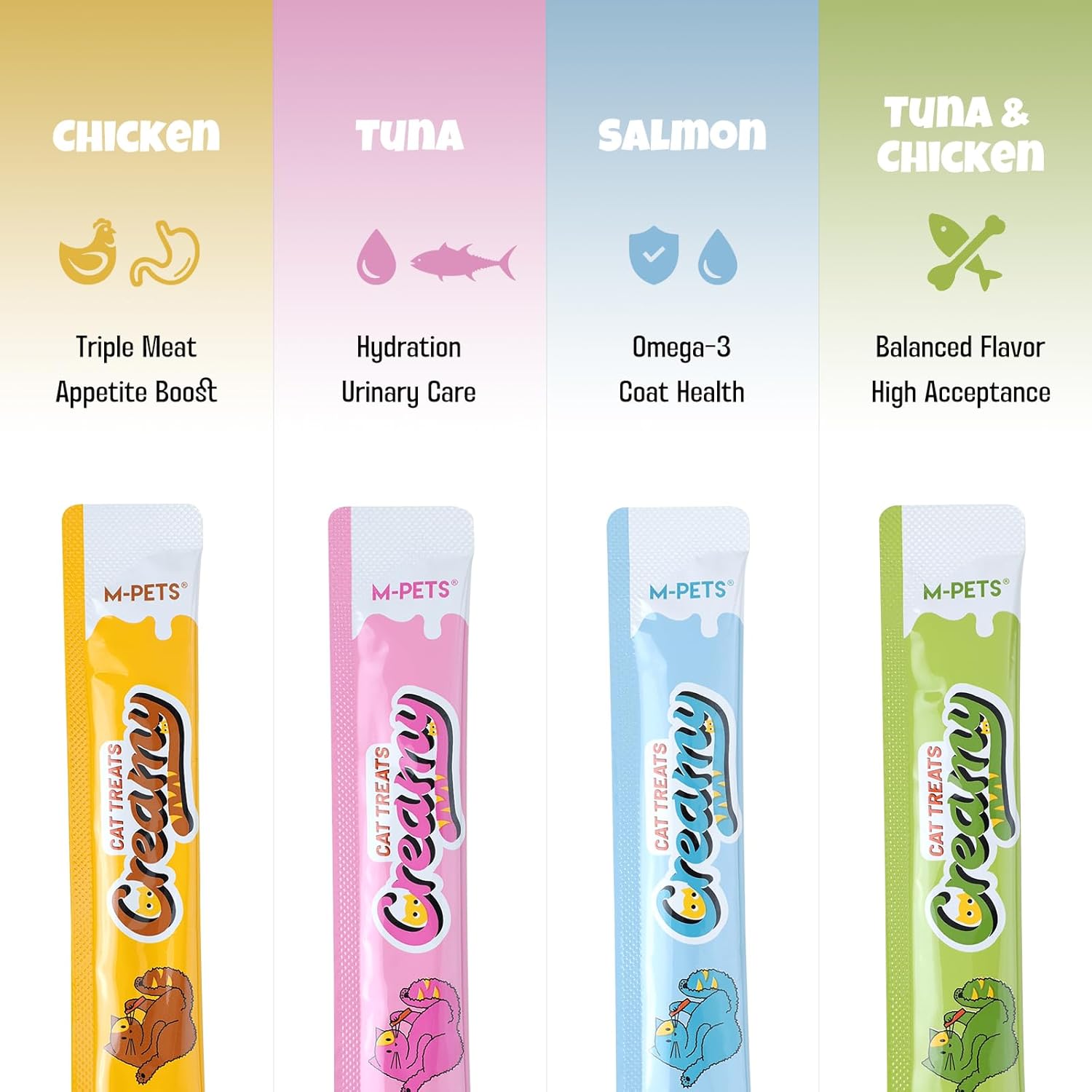 M-Pets cat treat tubes arranged by flavor