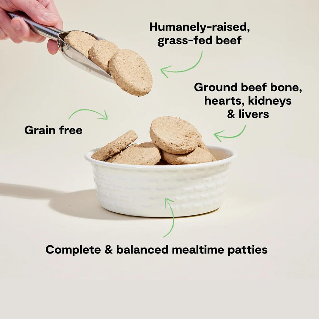 Premium freeze dried beef patties for dogs close up texture view