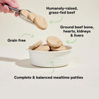 Premium freeze dried beef patties for dogs close up texture view