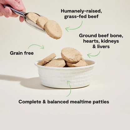 Premium freeze dried beef patties for dogs close up texture view