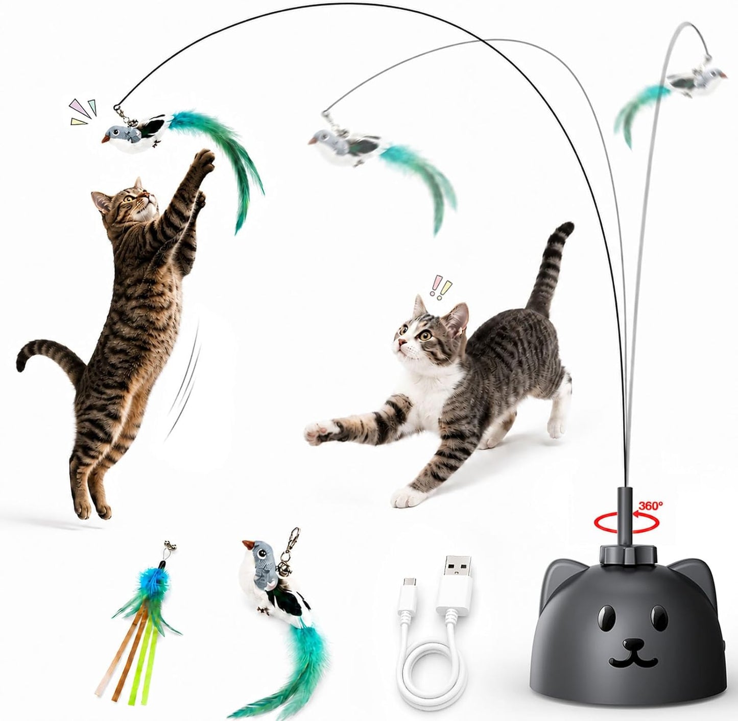 Interactive Cat Toys for Indoor Cats, Automatic Flying Bird Cat Toy with 360 degrees Feather Wand, Strong 8cm Suction Cup, USB Rechargeable Self-Play Cat Toy for Bored Kittens & Adult Cats - Image 13
