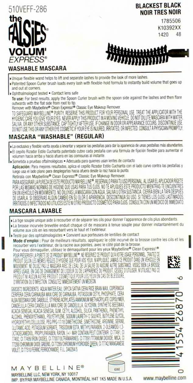 Maybelline Blackest Black 00 washable volumizing mascara packaging details