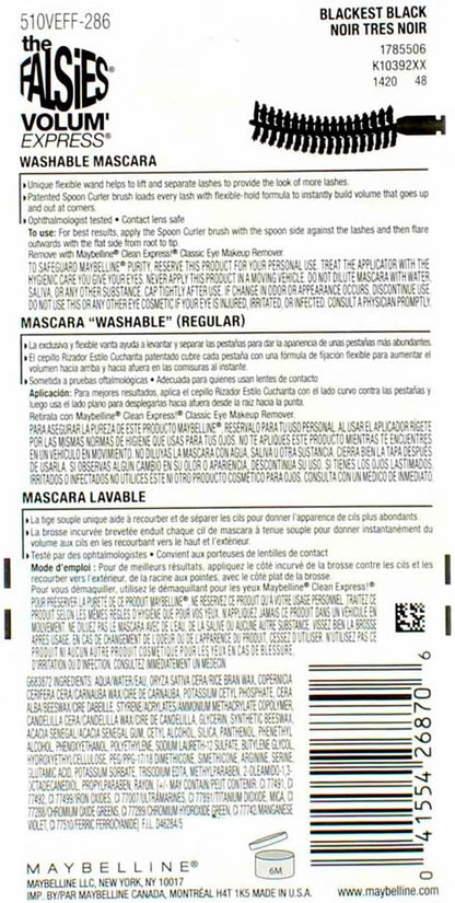Maybelline Blackest Black 00 washable volumizing mascara packaging details