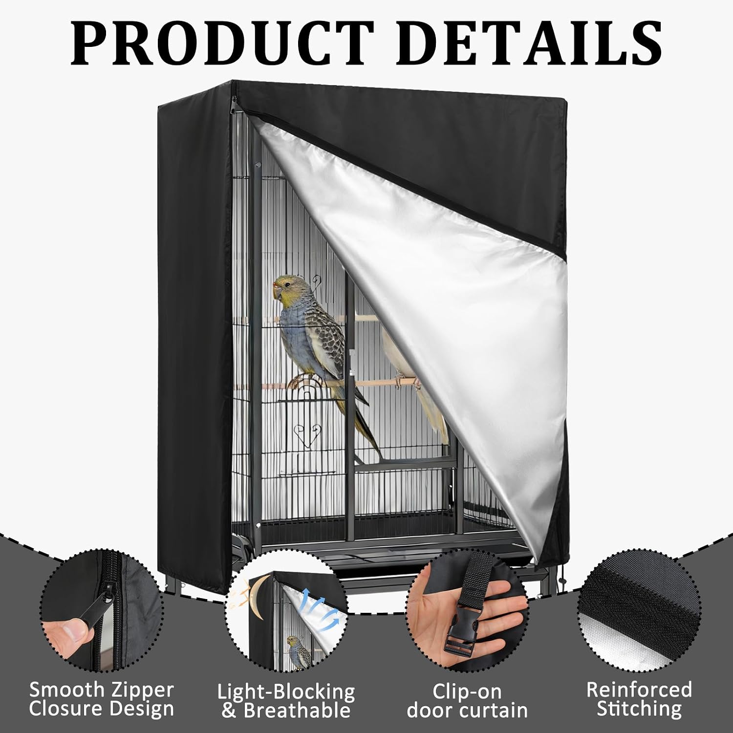 Premium black Oxford cloth bird cage canopy close up on adjustable drawstring base