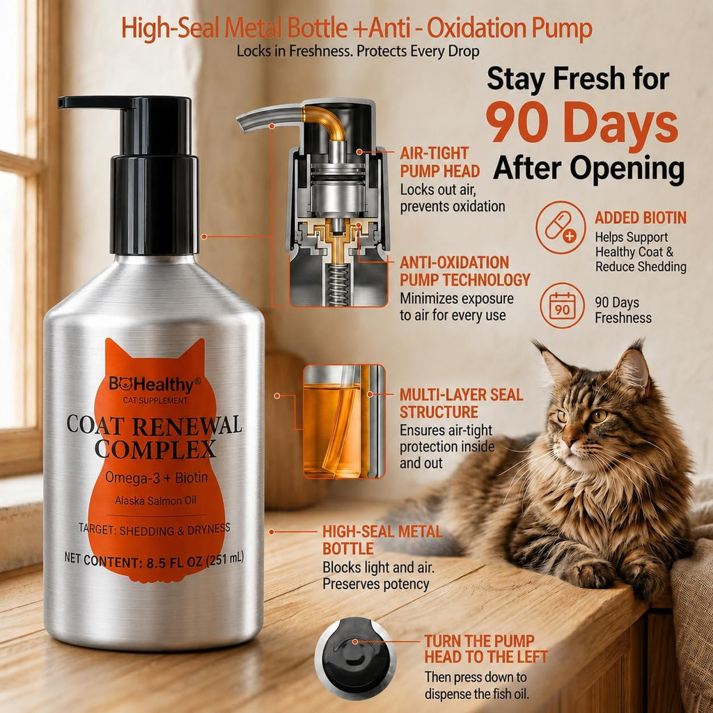 A domestic cat enjoying its food topped with BoHealthy Alaskan salmon oil supplement.