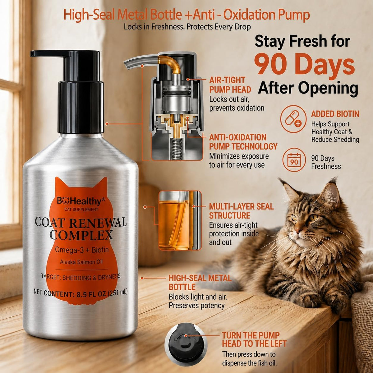 A domestic cat enjoying its food topped with BoHealthy Alaskan salmon oil supplement.