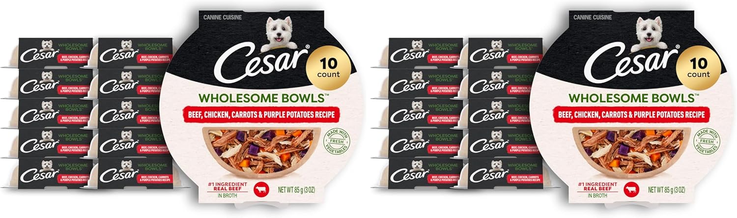 Cesar Wholesome Bowls Adult Wet Dog Food,Chicken,Carrots,Barley & Green Beans Recipe,Wet Food for Dogs,3 Oz. Bowls,10 Count (Pack of 2) - Image 10