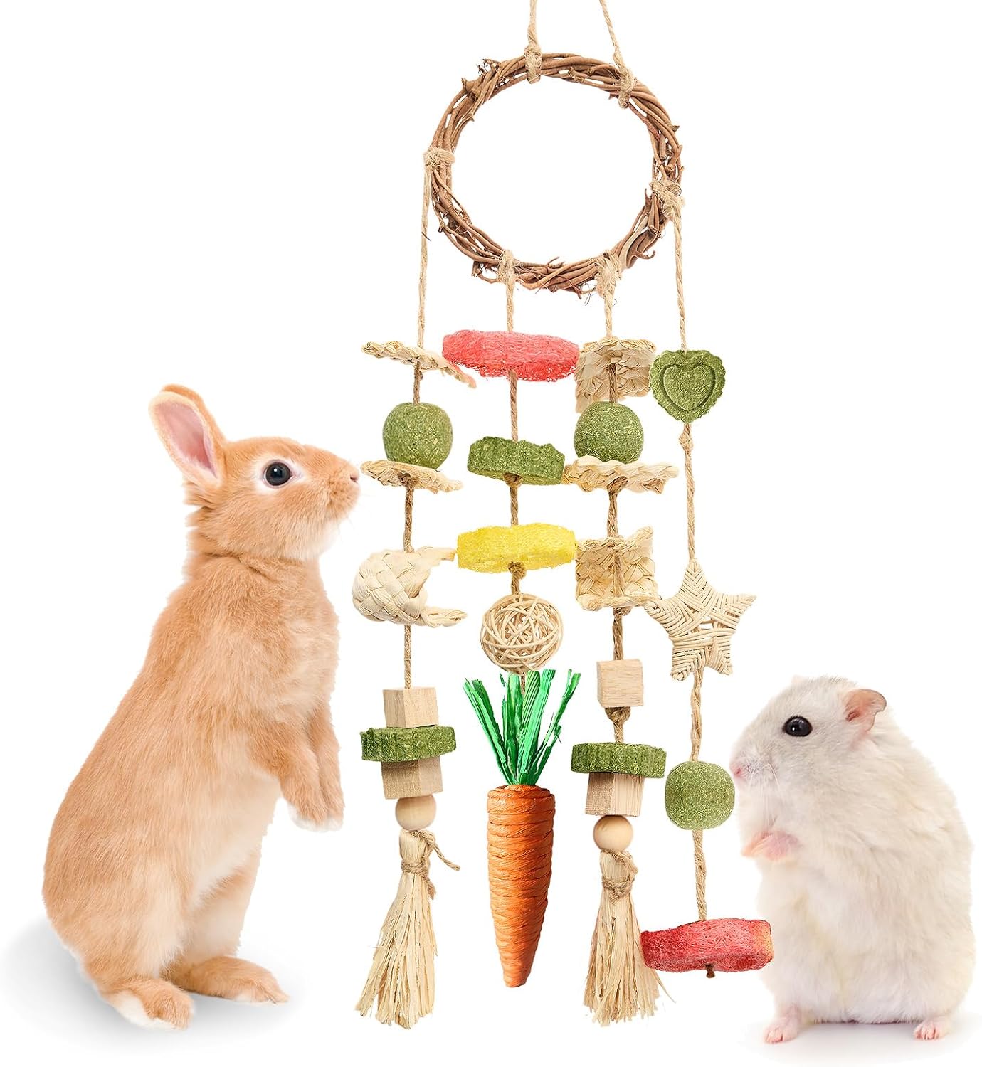 Jorewood rabbit chew toys hanging rattan ring front view