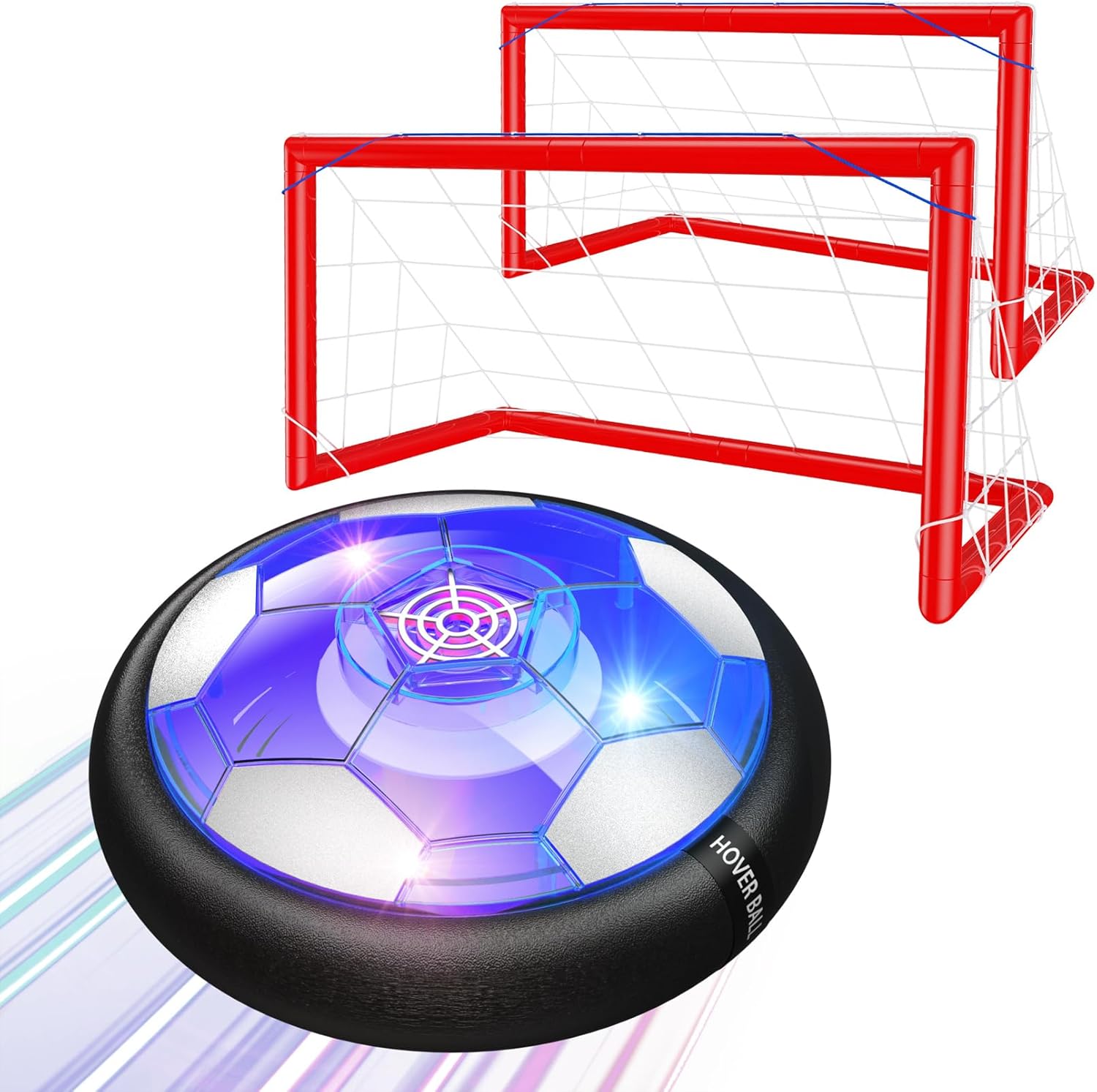 Ancesfun 2 in 1 hover soccer ball set front view showing the glowing LED lights and foam bumper edge
