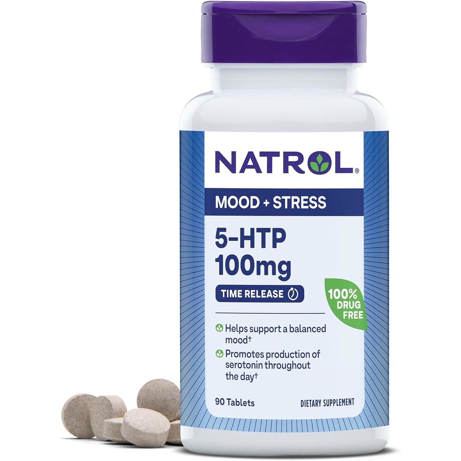 Natrol 5-HTP 100mg 90 Time Release Tablets front label showing mood support benefits.