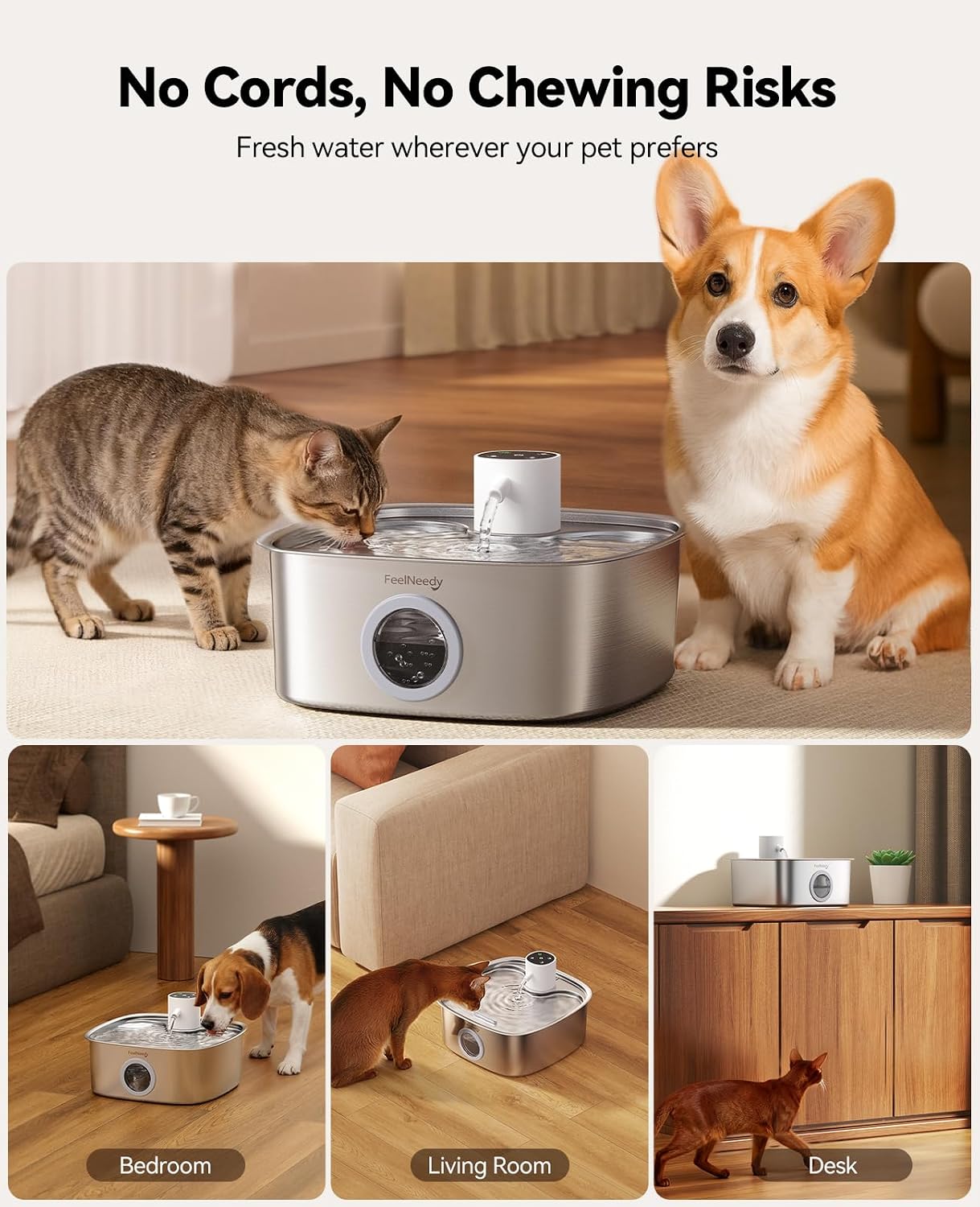 Feelneedy wireless pet fountain with wide drinking tray