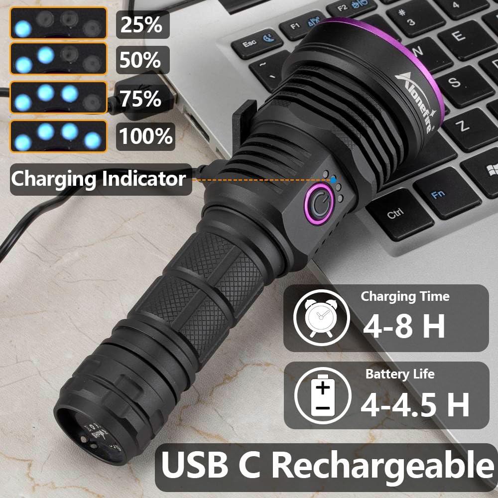 Durable aircraft grade aluminum ultraviolet flashlight showcasing the USB-C charging port mechanism.