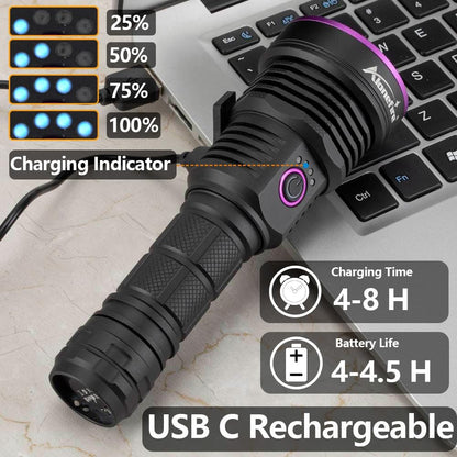 Durable aircraft grade aluminum ultraviolet flashlight showcasing the USB-C charging port mechanism.