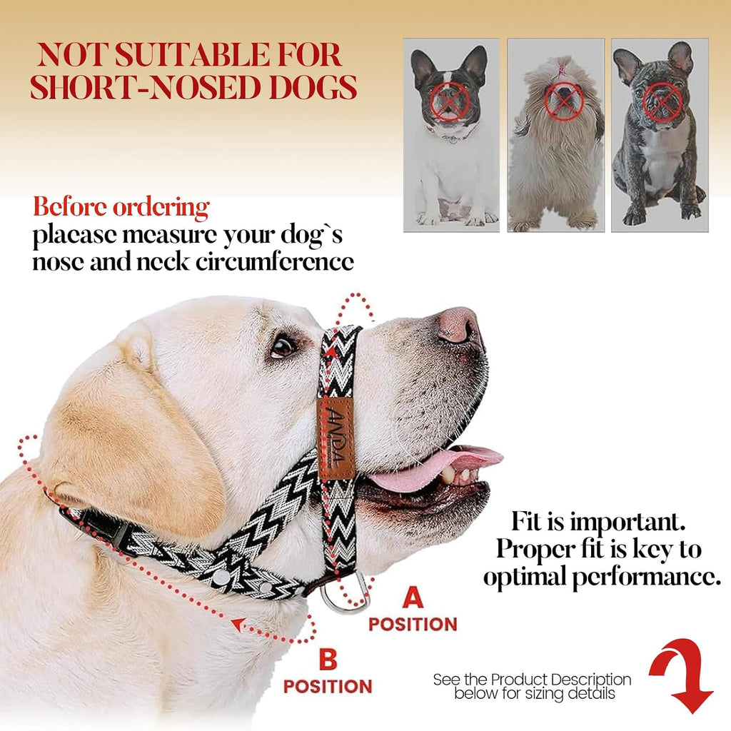 ANDA adjustable soft braided dog muzzle leader steering mechanism with metal buckle.