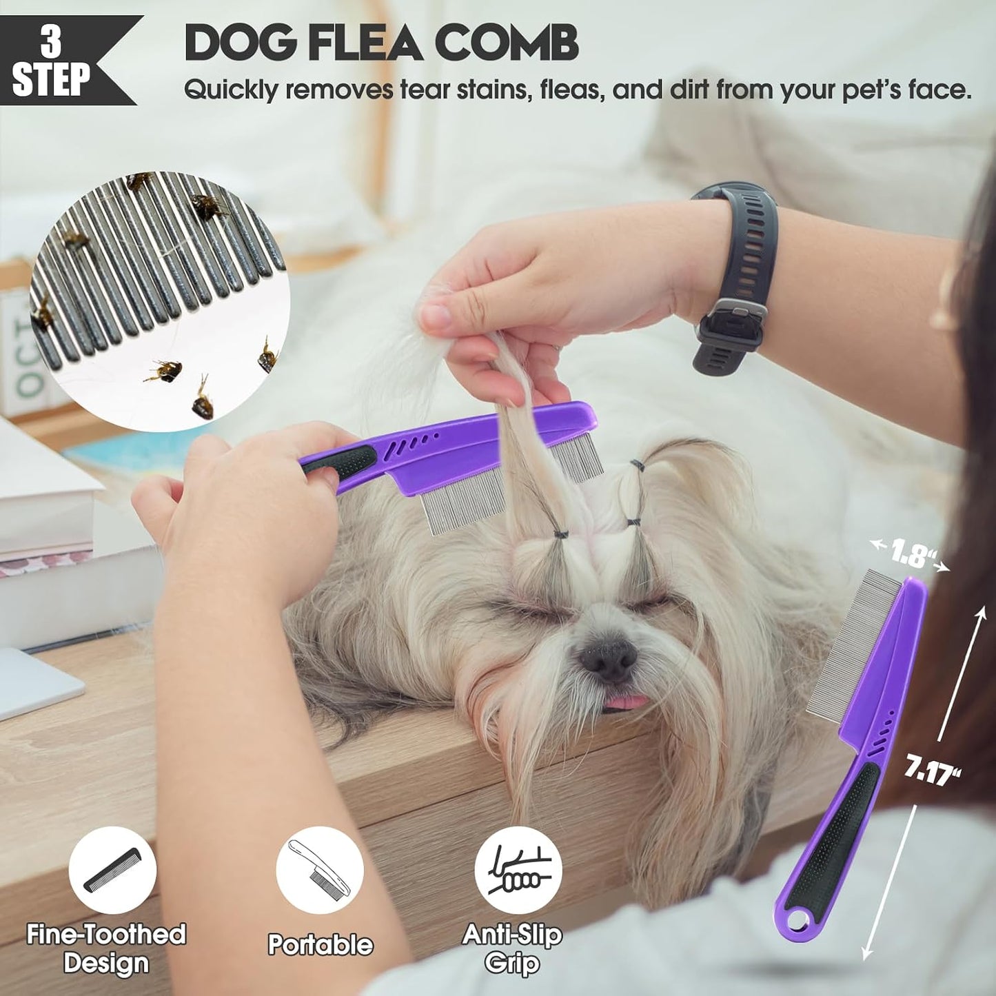 Complete five piece Bonteck dog grooming set laid out showing all purple and steel pet care tools.