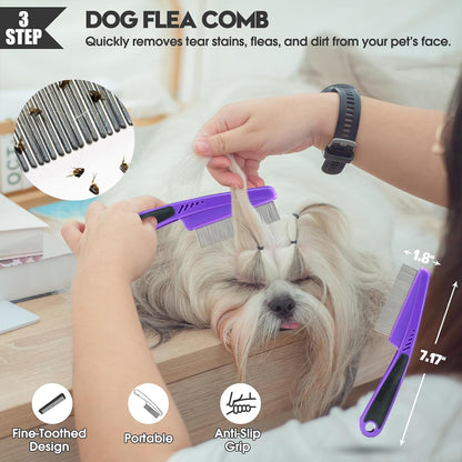 Complete five piece Bonteck dog grooming set laid out showing all purple and steel pet care tools.