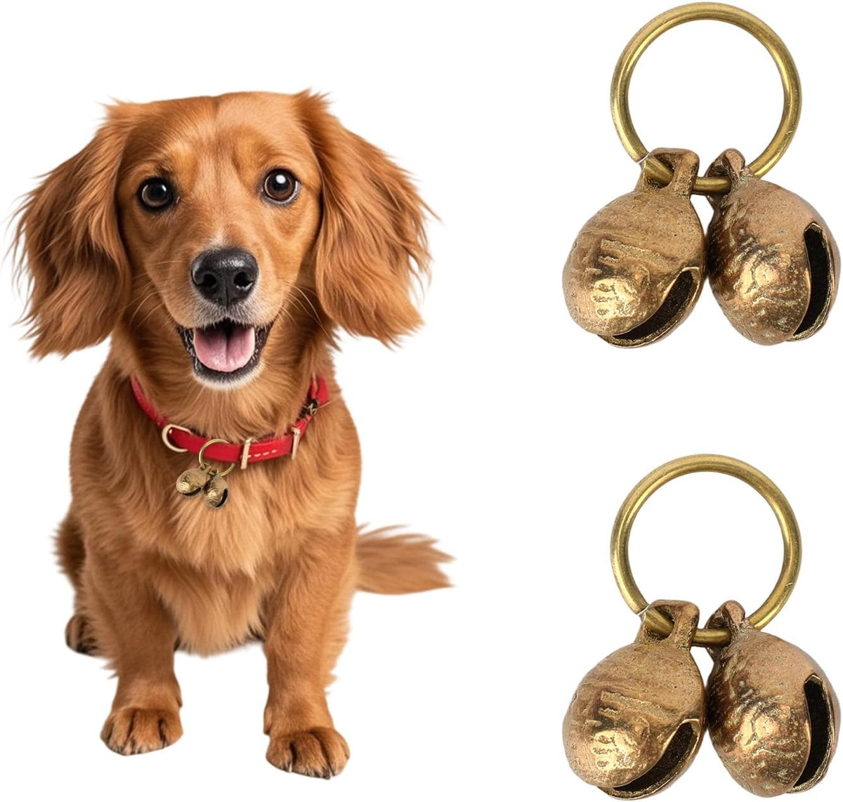 Penitue Extra Loud Copper Dog Bells front view showcasing the vintage brass pet collar tracking charms.