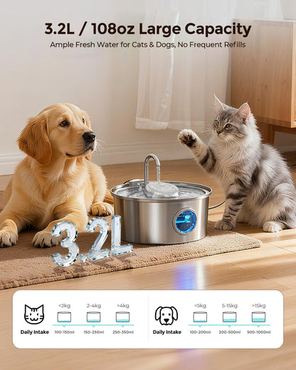 Invengo automatic pet drinking fountain showing stainless steel basin