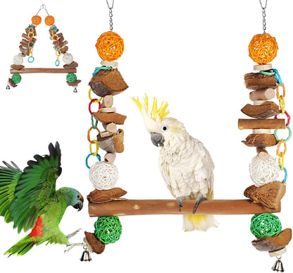 Handcrafted natural wooden bird perch stand designed for active climbing and shredding.