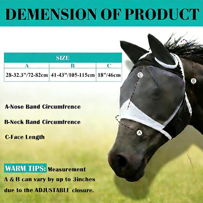 Horse wearing black fly mask for size reference