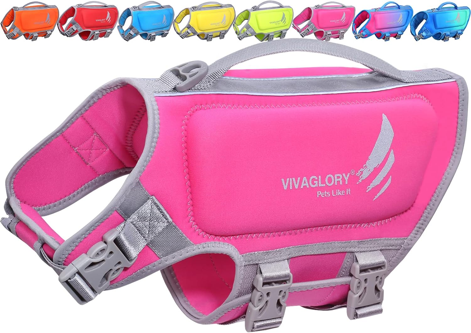 Vivaglory pink dog life jacket front view showcasing secure neck buckle closure.