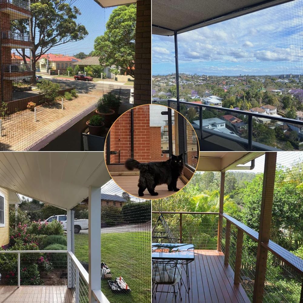 Cat safe on balcony behind anti-fall net
