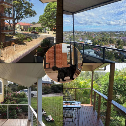 Cat safe on balcony behind anti-fall net