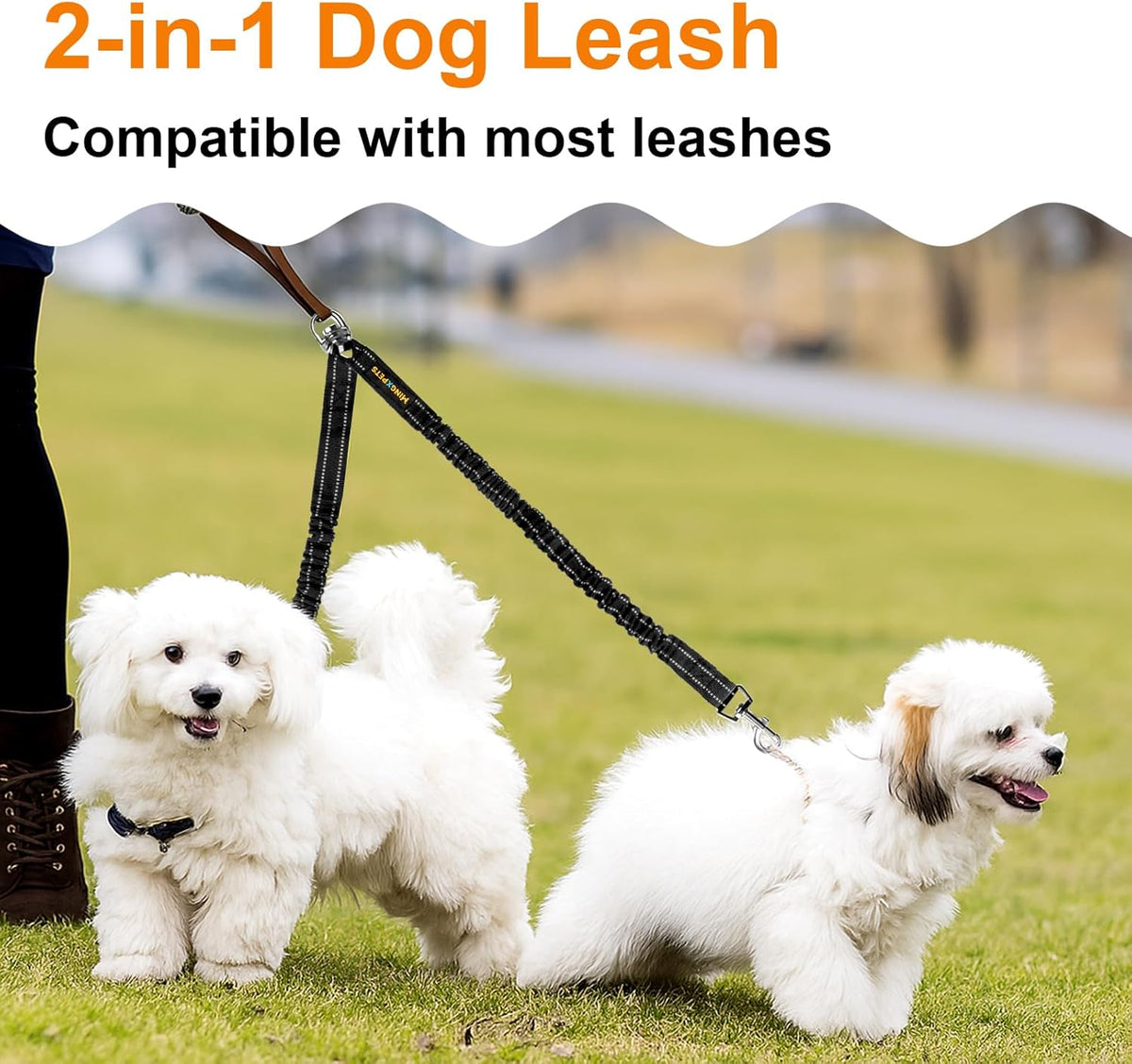 MingXpets dual dog training lead laid flat showing equal bungee extensions