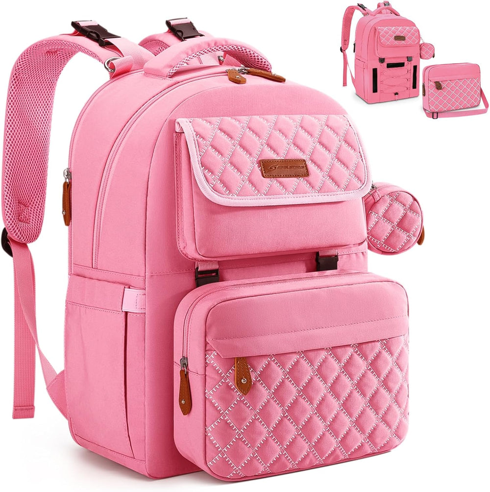 Maelstrom large expandable diaper bag backpack front view with pink finish