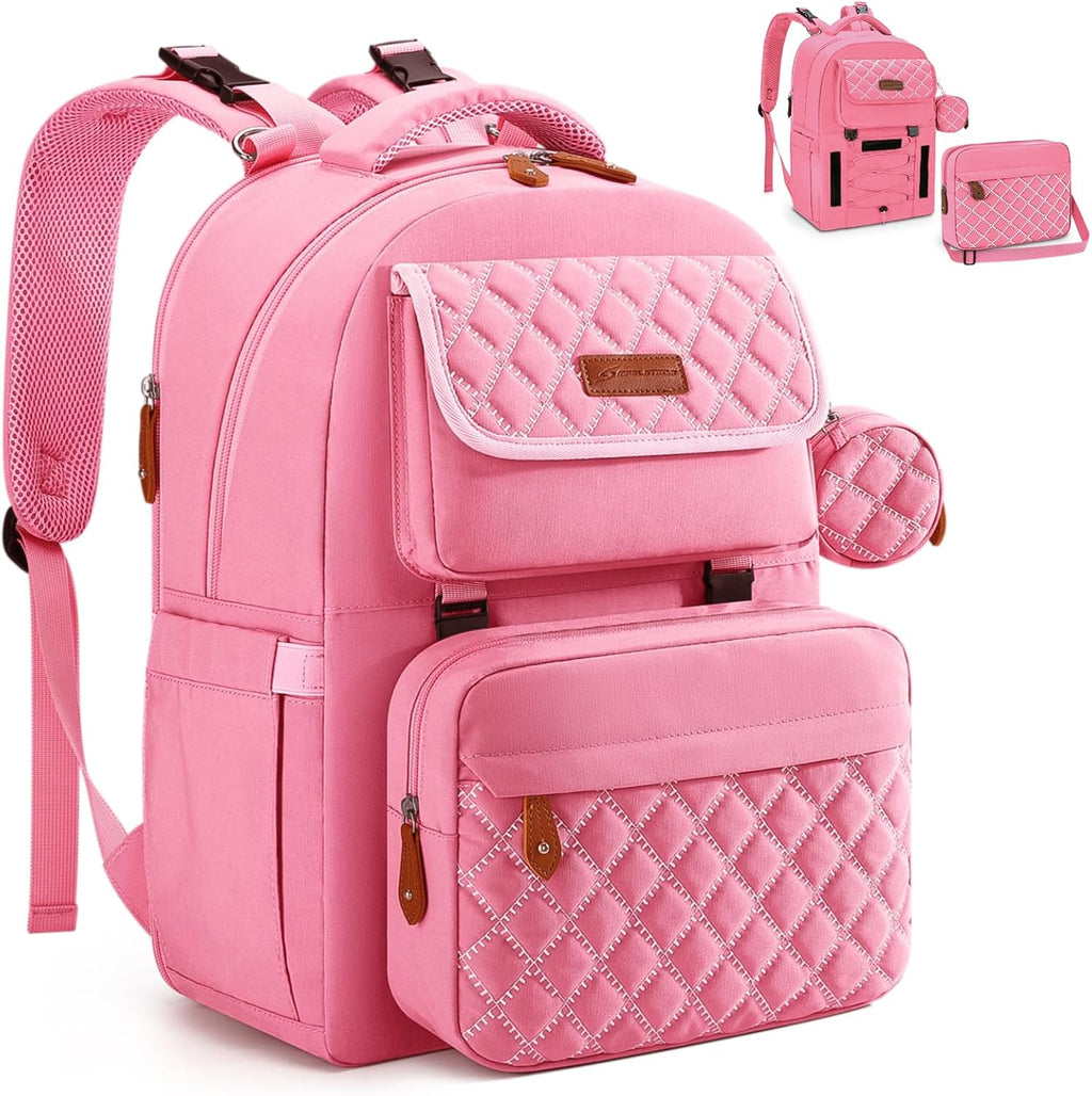 Maelstrom large expandable diaper bag backpack front view with pink finish