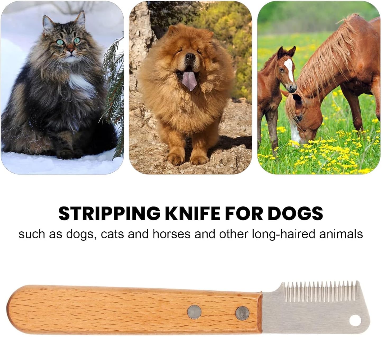 Tnfeeon dog stripping knife with ergonomic original wood handle being held for pet grooming.