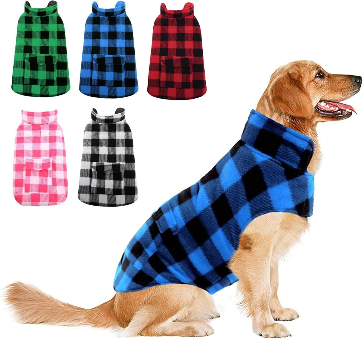 Detailed sizing illustration of the ASENKU coffee plaid dog coat for large dog breeds.