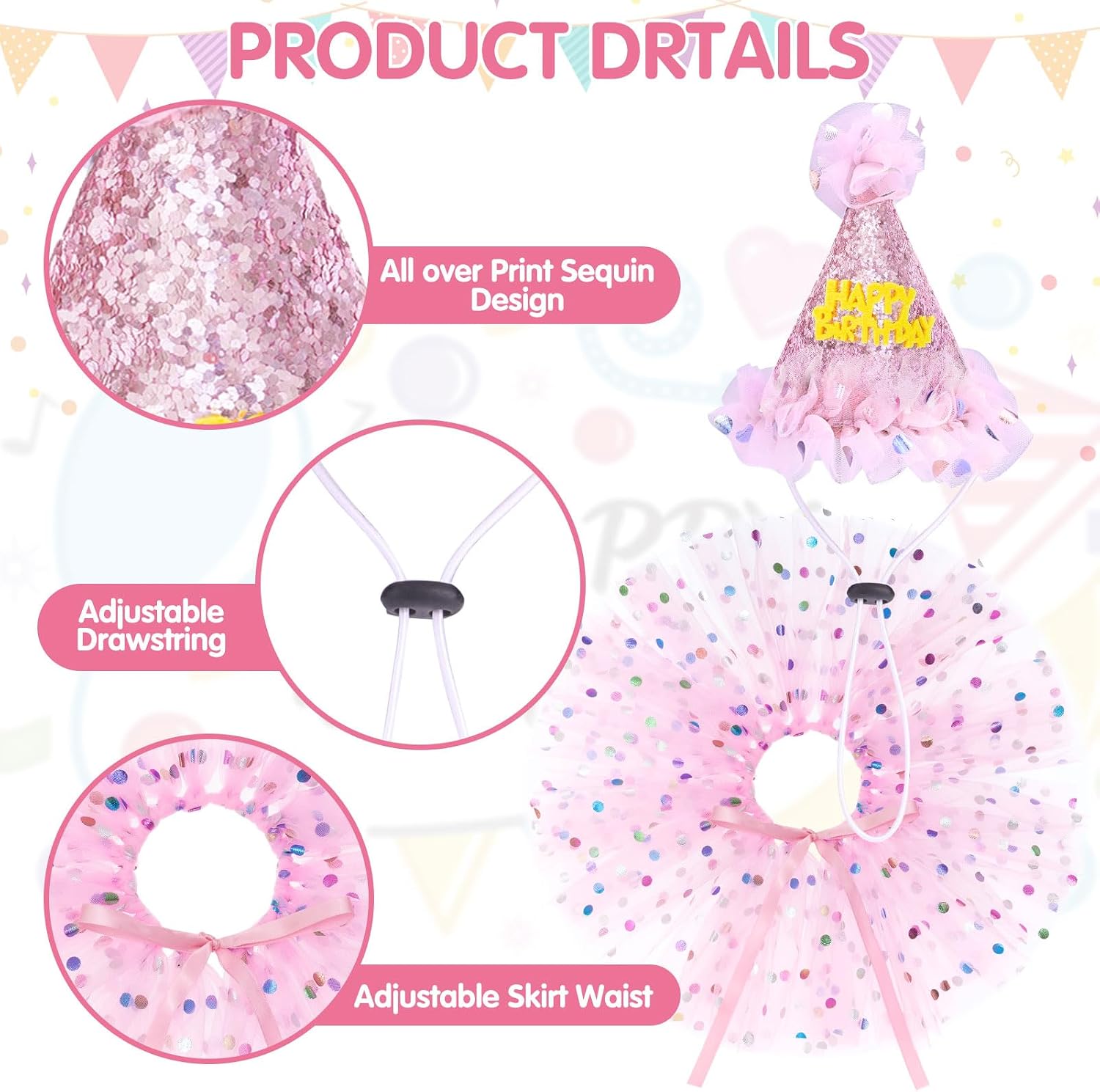 Pressure resistant pink sparkling crown birthday hat with adjustable buckle for dogs