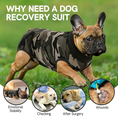 SAWMONG puppy medical vest showing full abdominal wound protector coverage for spay neuter recovery.