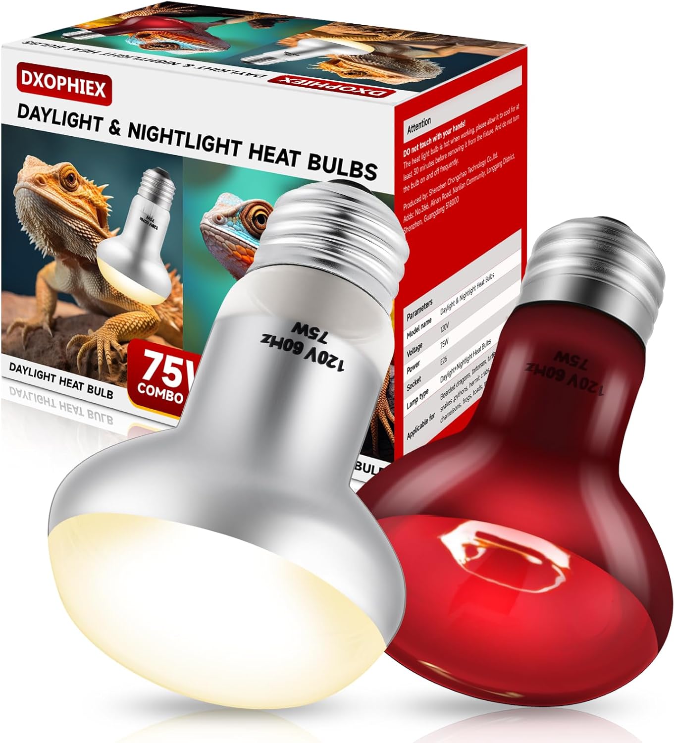 DXOPHIEX 100W heat lamp bulbs installed in standard reptile dome fixture.